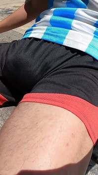 Bulging Young Man Moans with Pleasure in Park Jerking off a Summer Handjob