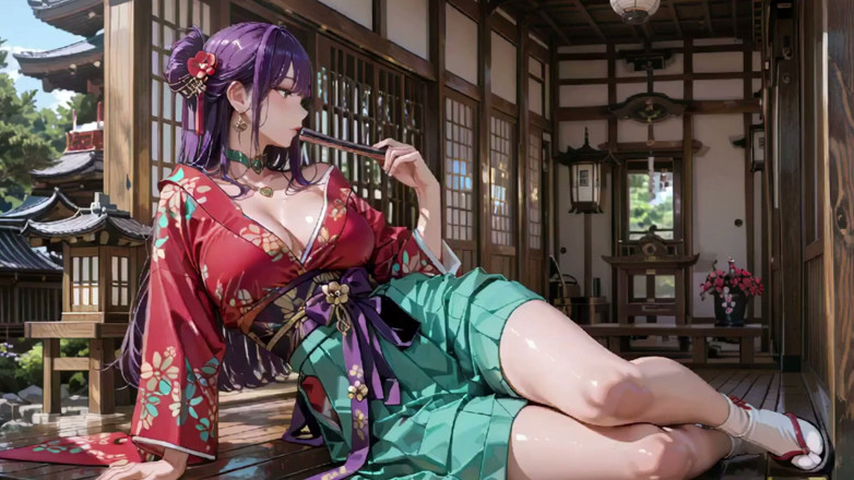 Seraphina Vale: Purple Hair Kimono Girl's Private Morning! Red &amp; Green Clash Is...