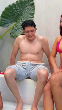 We Try to Be Alone in the Pool with My Friend but We End up Fucking My Roommate Nerd, Unexpected Threesome