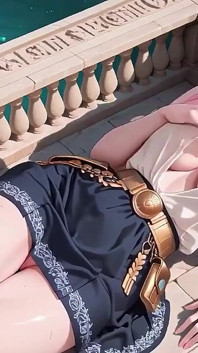 Underwater Fantasy Pink-haired Girl in a Sailor Suit Lounging Lazely, Fingertips Touching the Water as Sunlight Wets Her Skin.