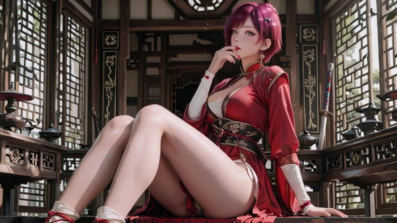 Seraphina Vale: สาวใช้สงครามผมสีม่วงในชุดกิโมโนร่องสูง คุกเข่าหยอกล้อตาด้วยการเฆี่ยนอย่างเร่าเย็นและกระซิบเปียกต้องห้าม