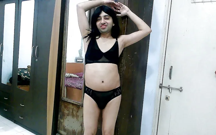 Cute & Nude Crossdresser: Sexy sissy crossdresser femboy Sweet Lollipop in sexy black lingerie.