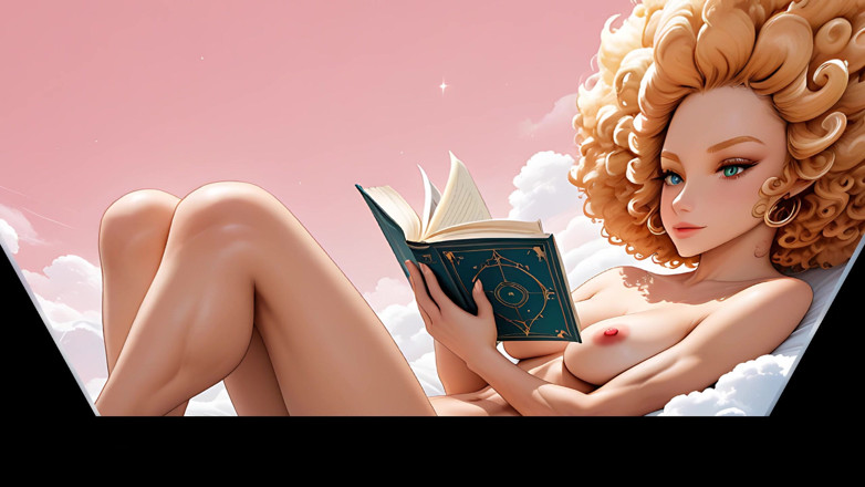 LustRender: Muskulös naken kvinna med kort jordgubbsblond afro curls läsning på...