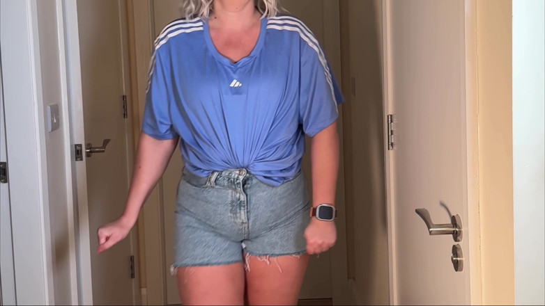 Emma Voyeur: Bathroom Locked - Denim Shorts Wetting Outside the Door