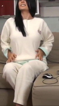 Sofia Cucci in her pajamas live from her home