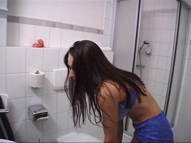 Lucky Cooch: Busty brunette babe is having a shower