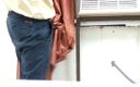 Satin and silky: Дрочка руками з помаранчевою атласною шовковистою шторою в офісі (36)