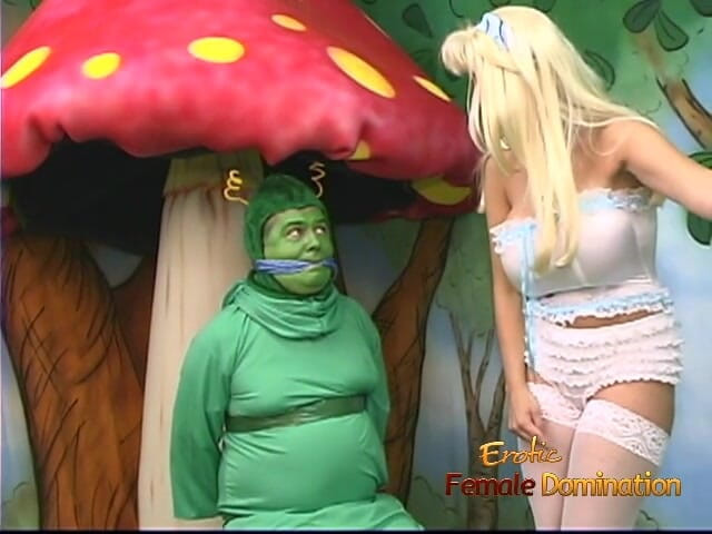 Erotic Female Domination: Blonde femdom covering submissive in duct tape in parody video
