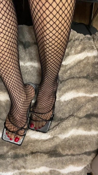 Fishnet in Open Toe Shoes with Red Nail Polish