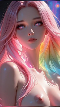 Rainbow Si cantik kosmik dengan fantasi mata merah jambu yang bercahaya Portrait Ai Ai Slaid
