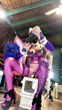 Sexy Shemale in Violet Lingerie Inserting Bottle in His Ass