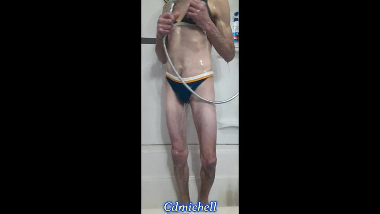 Feeling sexy today crosdressing: Cdmichelle Taking a Shower Wearing Sexy Blue Swimsuit