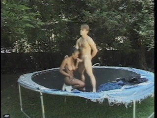 Hot and Wet: Black starlets in cheerleader uniform is fucking during trampoline cheering...