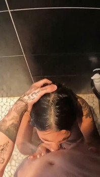 Tattooed MILF Blows Stepdad Sloppily Then Doggy in Shower