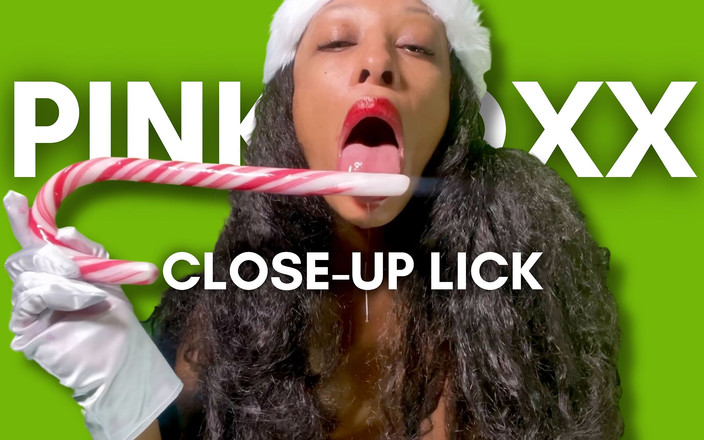 Pink Foxx: Candy cane lick, gag and spit - close up