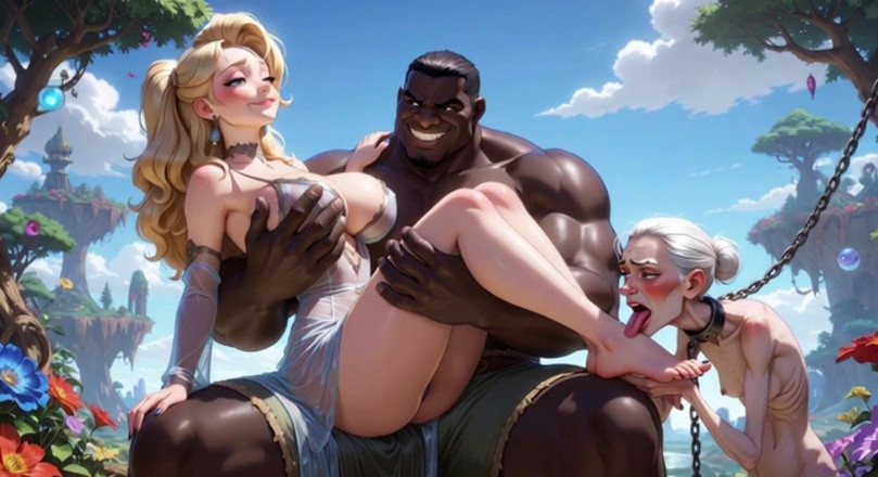 Anime Hentai: 老婆が屈辱を味わい、若い女性の足を舐めている - 筋肉質な黒い牛の膝の上に座っている
