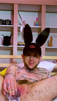 Leather Bunny Double Stuffs His Ftm Holes with Big Clear Dildo and Anal Plug