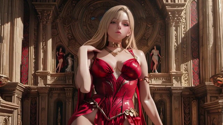 Seraphina Vale: Reina rubia en rojo Sentado junto a la fuente, ajustando...
