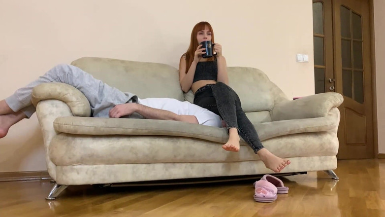 Petite Princesses Femdom: Dominant girlfriend in black jeans - ignoring fullweight facesitting during drinks...