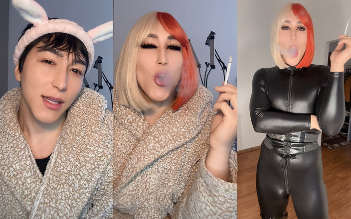 Viper Fierce: Kouření Sissy děvky plná feminizace s kočičím oblekem a botami