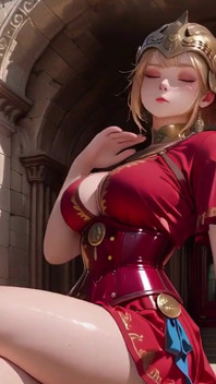 Ratu baju besi merah! Menatap koridor Romawi, Pamer rok, tangan di bibir menggodamu...
