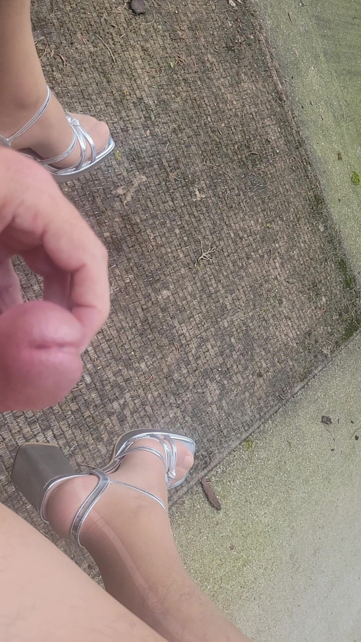 Feet Lover: Outside with Silver Heels Cumming on Heels and Feet