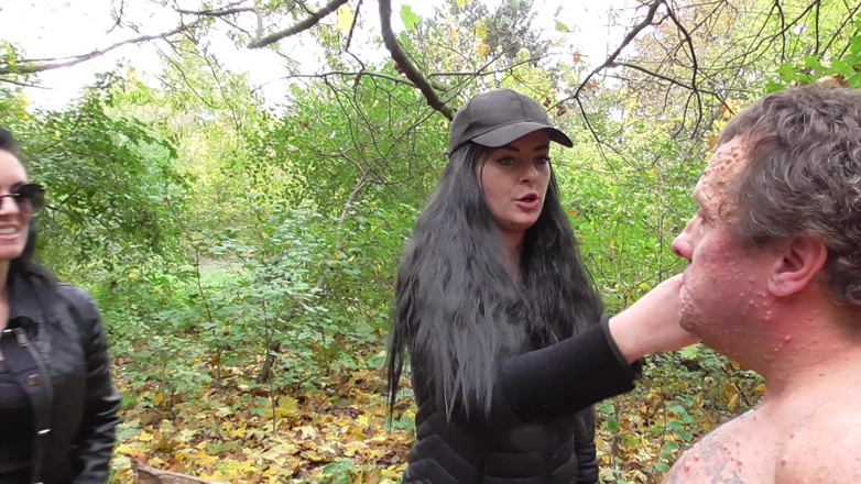 Femdom Austria: Slapping session in the forest for the naked male slave