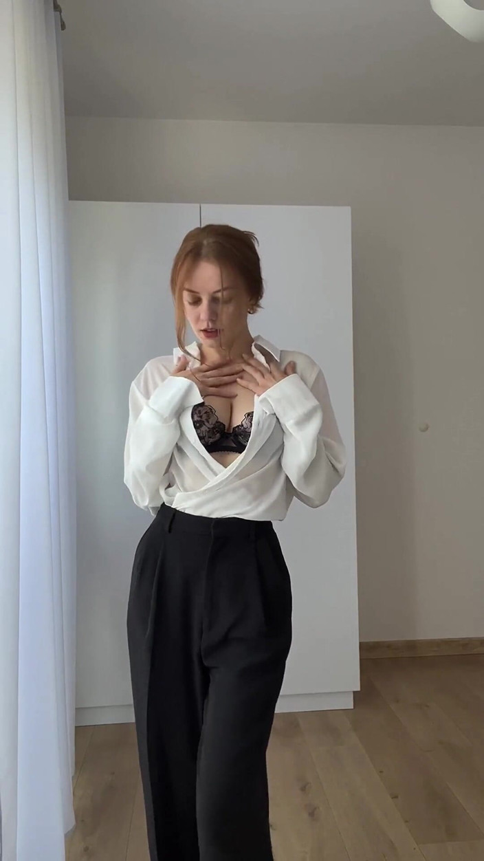 LadyInBad: Hot MILF-secretary Dances Slow Striptease, Showing Hairy Pussy and Chest