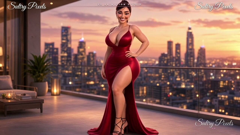 Sultry Pixels 3D: Elegante bruna con un bun capelli si spoglia sulla terrazza -...