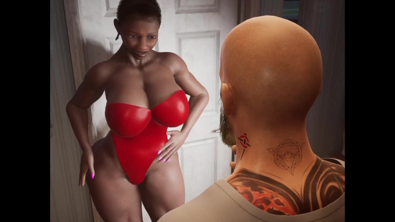 Denis animation: Wanita eboni bertetek besar berpantat bulat dan lelaki tatoo langsing