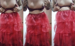 Indian Gay Crossdresser Bottom Pressing and Playing with Her Big Boobs in Red Gown Real Homemade Sex