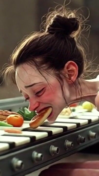 Chica extremadamente flaca atada - rellena de comida hasta que se llena