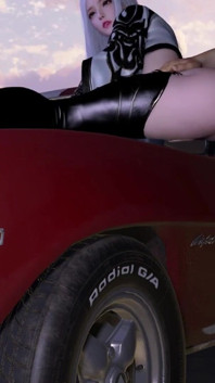3d - linda chica de carrera de cosplay engañando con gran polla en el coche