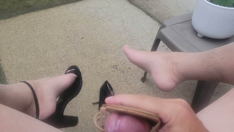 Feet Lover: Big Cock Cumming Hard Outside in Nylons and Heels