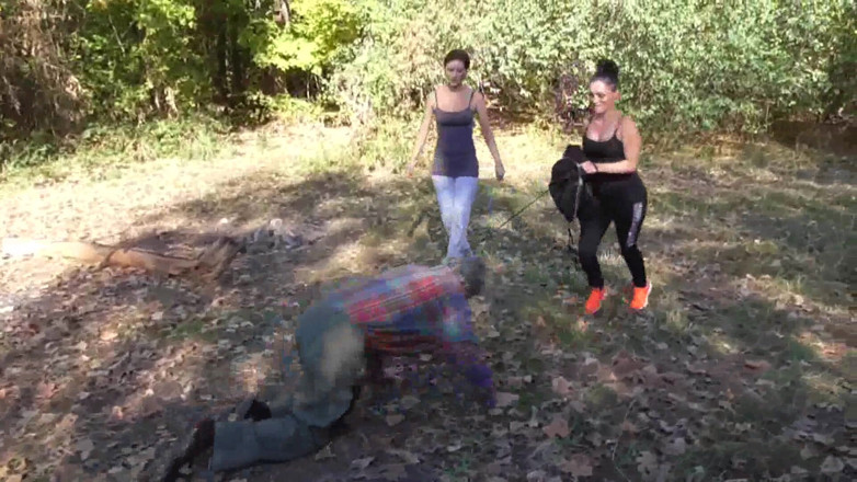Femdom Austria: Dominant joggers walking their pet slave