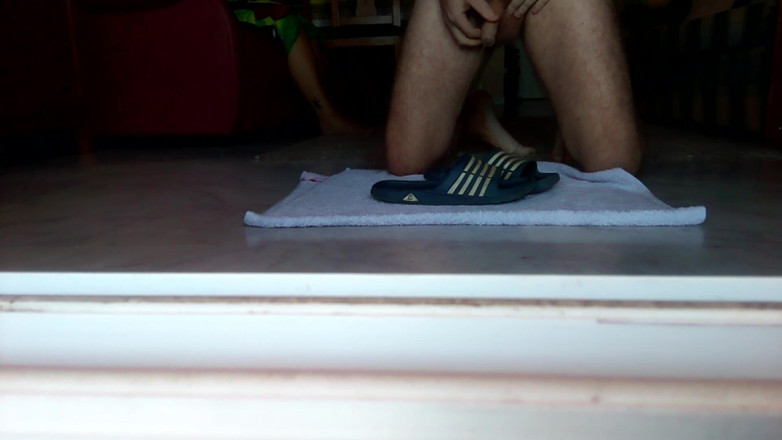 Sex hub male: John is peeing on the bathing slippers on the floor