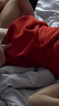 Hot Brunette Get Big Cum on Her Red Dress and Pussy, Sex in Hotel