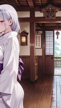 Silver-haired Miko Shrine Secrets! Half-unbuttoned White Kimono, Kneeling Poses and Intense Eye Contact.