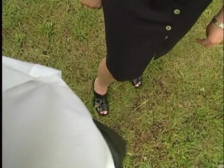POV Orgasms: Lovely mature lady blows a guy's cock outdoors near the...