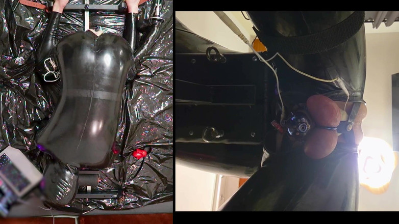 Chastitybeltboy: Session i pillory med latex catsuit, Pa kyskhet, jätte didildo...