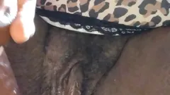 Ebony Milfs up-close pussy squirting on a dildo