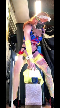 TS Shemale Beauty Blue Panties Stocking Outside Riding Big Green Dildo