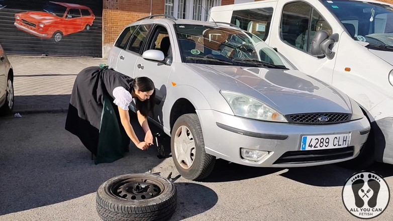 All You Can Fetish: Dirndl Slut Gets Dirty and Oily Changing Tires
