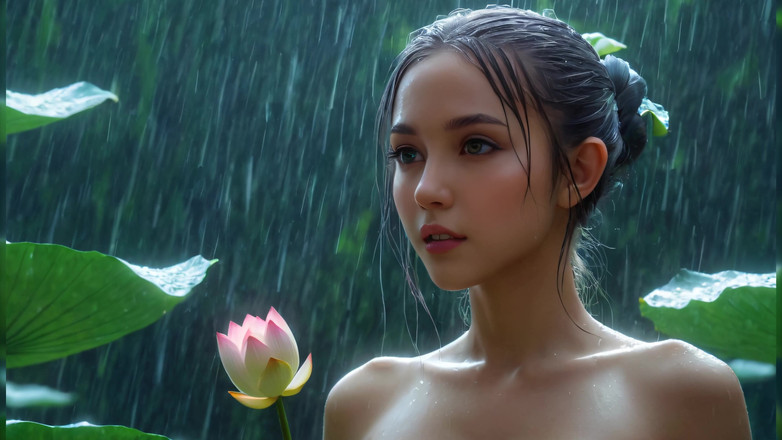 LustRender: Ai Fantasy nago elf loszka Wśród kwiatów lotosu w deszczu...