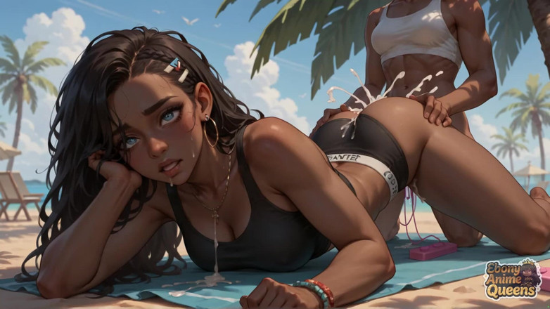 Ebony Anime Queens: Sunlit Beach Oral Desire med den hetaste smutsiga ebenholts, allra...