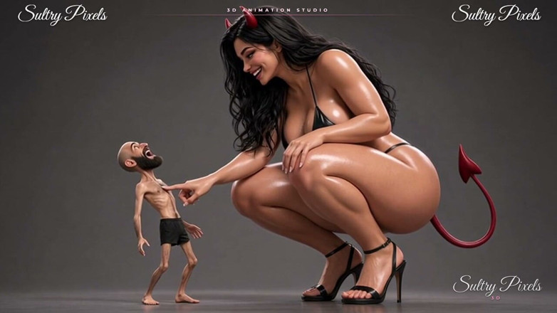Sultry Pixels 3D: She-diavolo gigante si spoglia in topless per il suo piccolo...