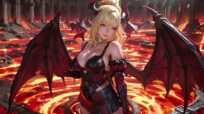 Seraphina Vale: Lava Throne！金发恶魔女王跪下并张开她的双翼，用玻璃杯懒惰挑逗。