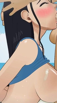 Nico Robin follada por la garganta como una pequeña zorra por el novio de Nami en la playa