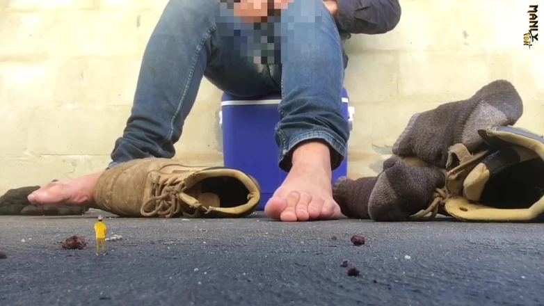 Manlyfoot: Huge Tradie Monstrous Feet! - Tiny Micro Human Man - Watch Out...