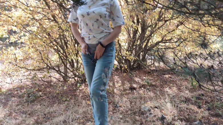 Risky Hairy Couple: Redhead Risky Masturbate and Pee in the Forest 4K